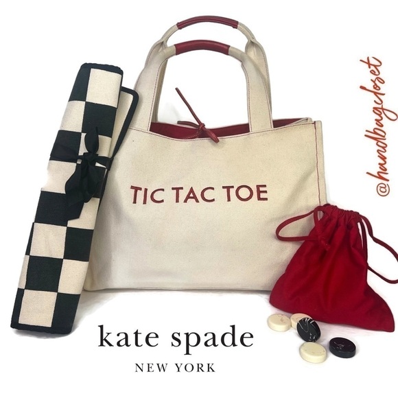 Kate Spade New York Mason Long Handles "TIC TAC TOE" "CHECKERS" Canvas Game Tote - Picture 3 of 16